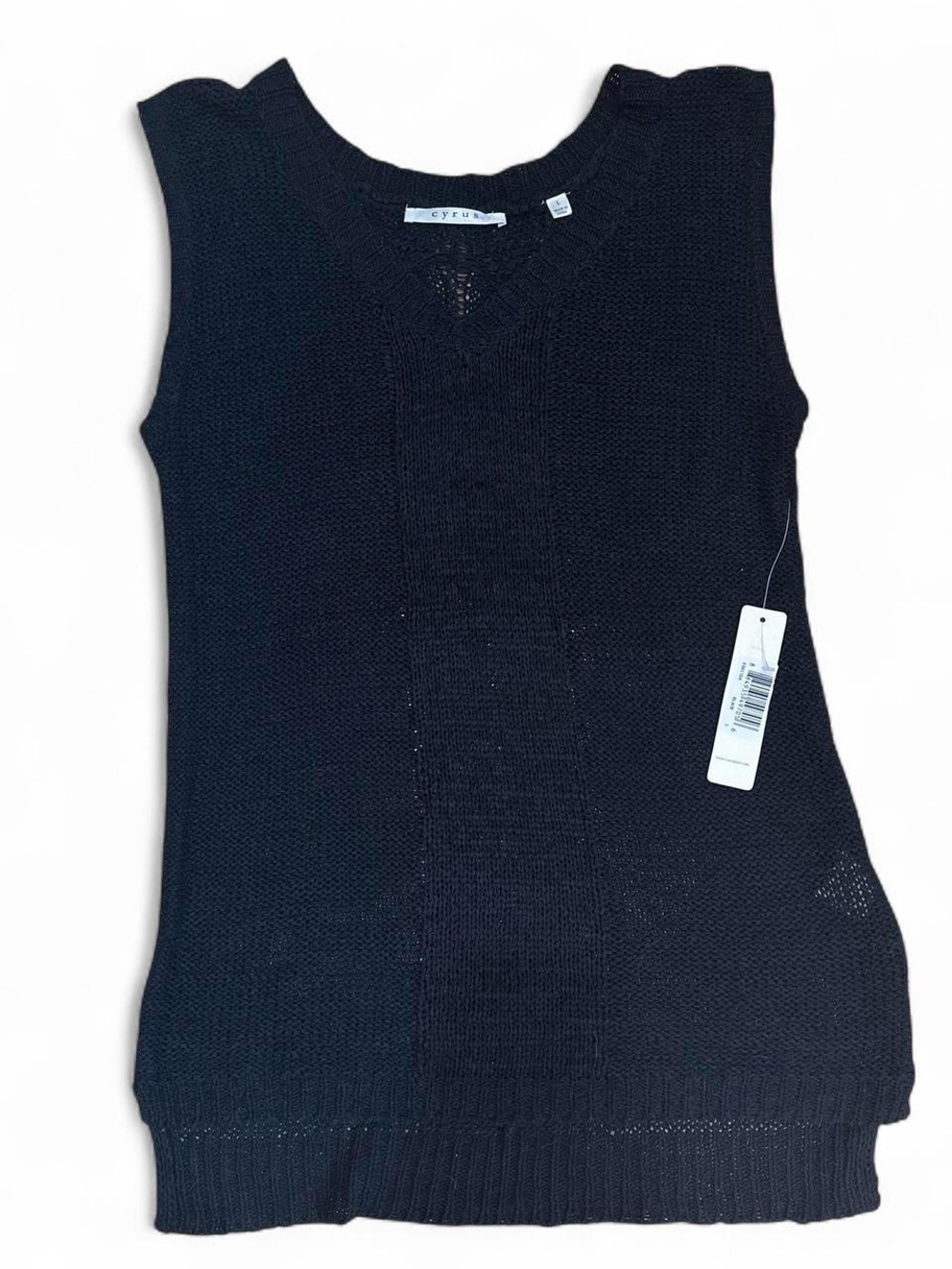 NWT Cyrus Black Open Knit V-Neck Sleeveless Sweater Vest Tunic - Size Large